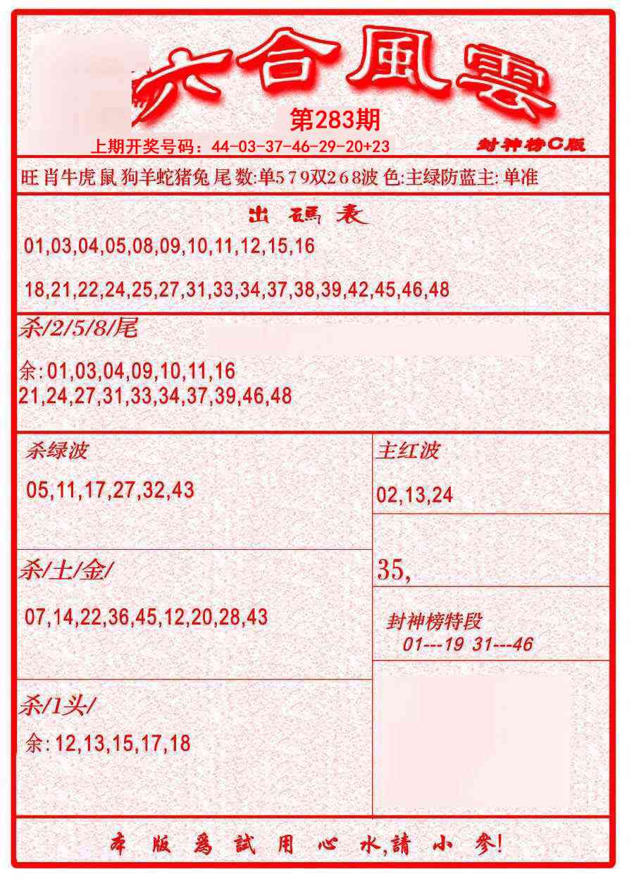 六合风云B 第283期