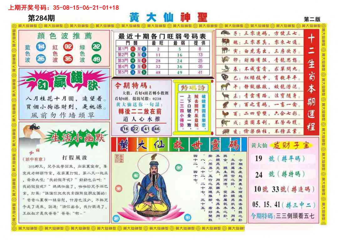 黄大仙神圣B 第284期