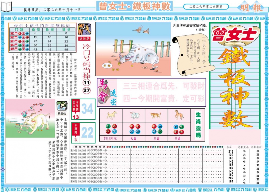 曾女士铁板神数A 第284期