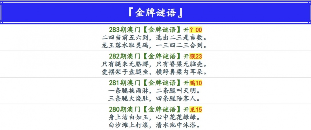 金牌谜语 第283期